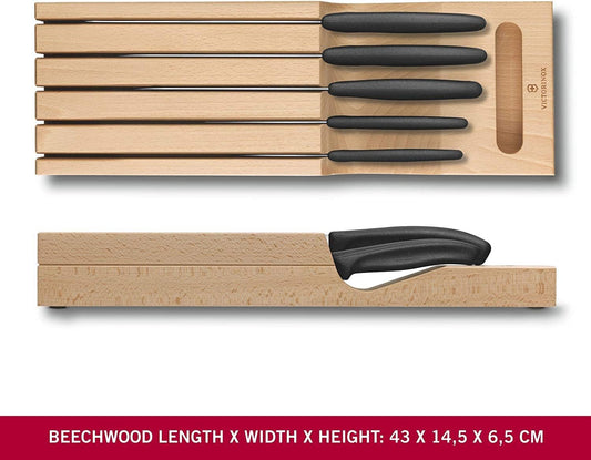 Swiss Classic In-Drawer Holder & Knife Set - Includes Organizer and Bread, Santoku, Carving, Paring, Tomato, & Table Knives - 6-Piece Set