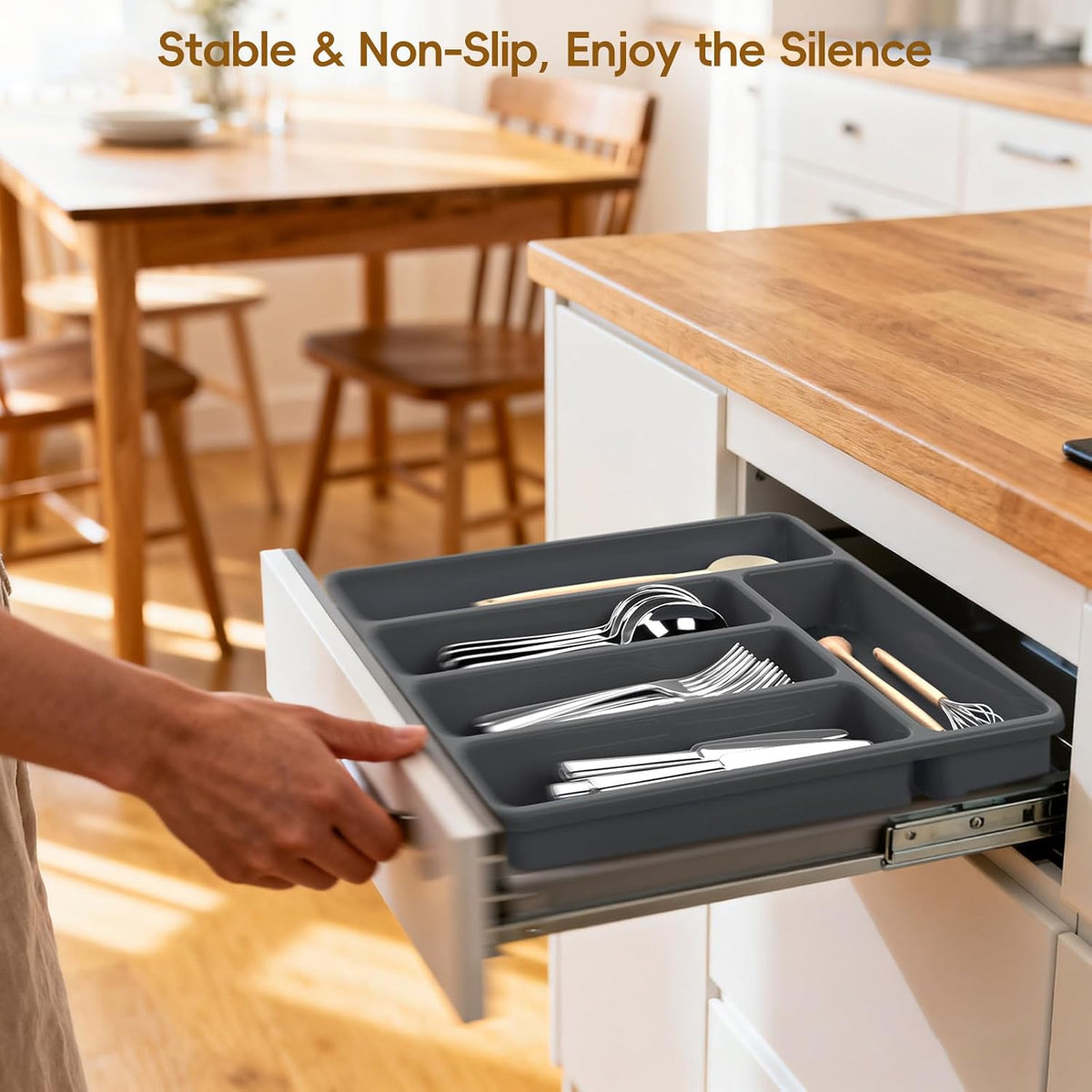 Non-Slip Silicone Kitchen Drawer Organizer for Utensils & Flatware | Heavy-Duty Silverware Cutlery Tray Insert | Waterproof, Easy-Clean for Office, Junk Drawer