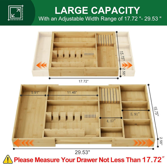 Bamboo Silverware Drawer Organizer, 17.72-29.53 Inch Expandable Large Kitchen Drawer Organizer, 5-8 Slot Flatware with Removable Card Slots & Knife Block for Spoon Butter Knive, Natural
