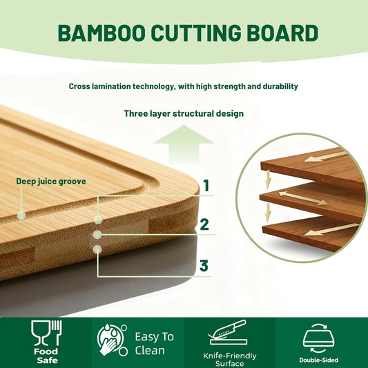 Bamboo Cutting Board Set of 3, Cutting Boards for Kitchen with Deep Juice Grooves