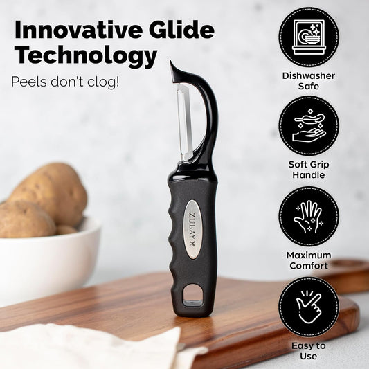 Premium Vegetable Peeler for Kitchen - Swivel Peeler with Razor Sharp Stainless Steel Blades & Strong Ergonomic Handle - Dishwasher Safe, Easy To Use with Blemish Remover - Black