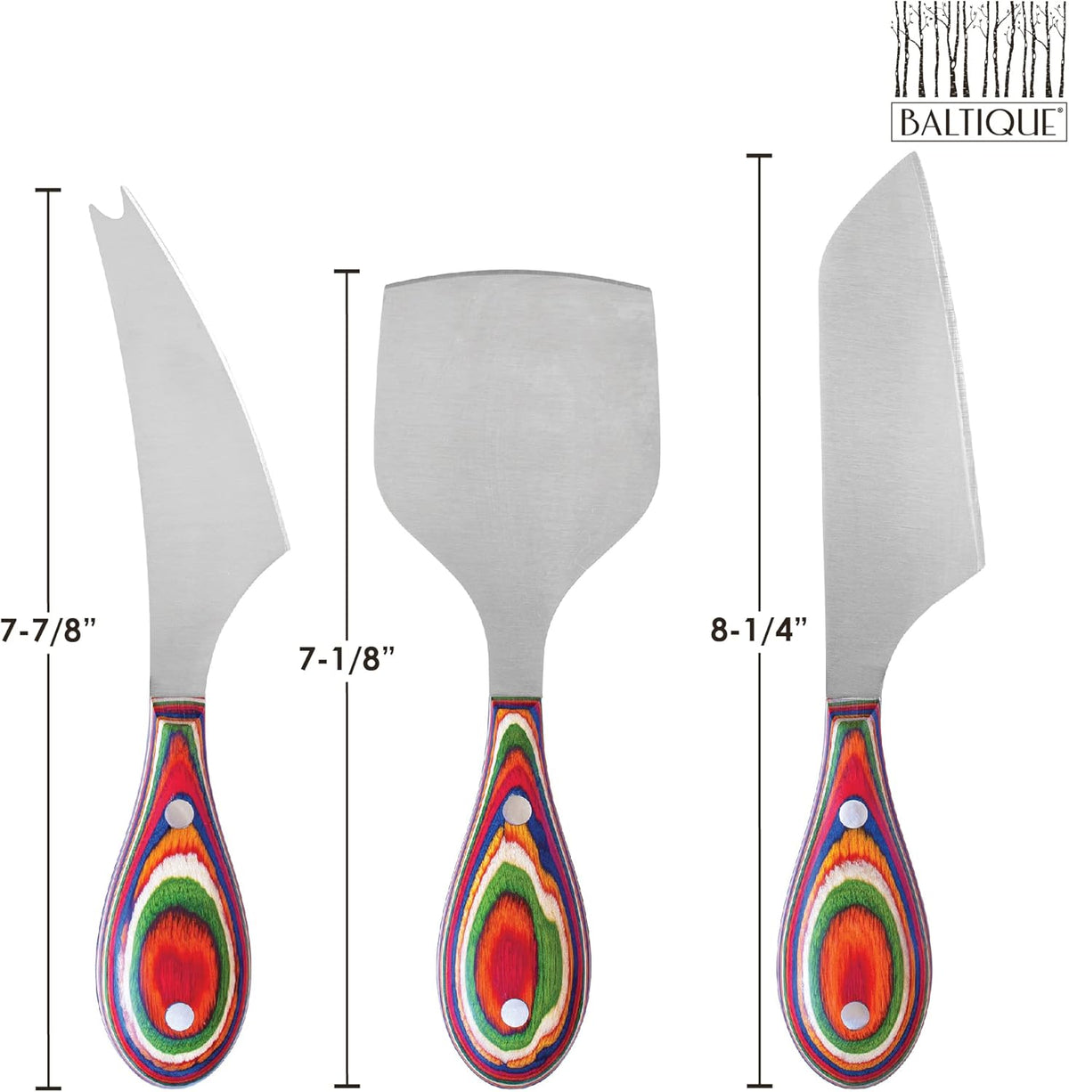 Baltique Marrakesh Collection 3-Piece Cheese Knife Set, Stainless Steel Cheese Knives with Colorful Wooden Handles for Charcuterie Boards