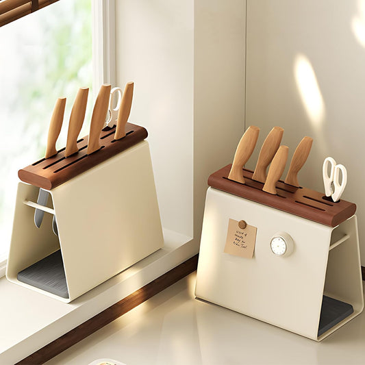 Universal Knife Block Holder, Modern Cream Metal & Beech Wood Knife Block Without Knives, 6 Slot Kitchen Knife Storage Organizer with Water-Absorbing Diatom Pad for Kitchen
