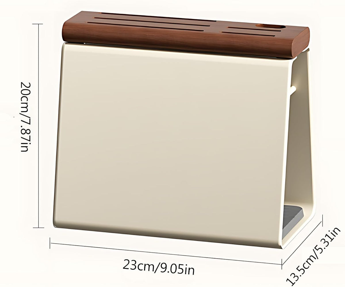 Universal Knife Block Holder, Modern Cream Metal & Beech Wood Knife Block Without Knives, 6 Slot Kitchen Knife Storage Organizer with Water-Absorbing Diatom Pad for Kitchen