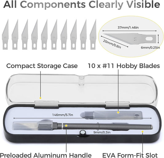 Exacto Knife Set, 12 Pcs Precision Craft Knife Kit with Aluminum Handle (Preloaded Blade), 10 Sharp #11 Hobby Knife Blades, Storage Case – for Paper, Foam, Plastic, Leather, Wood