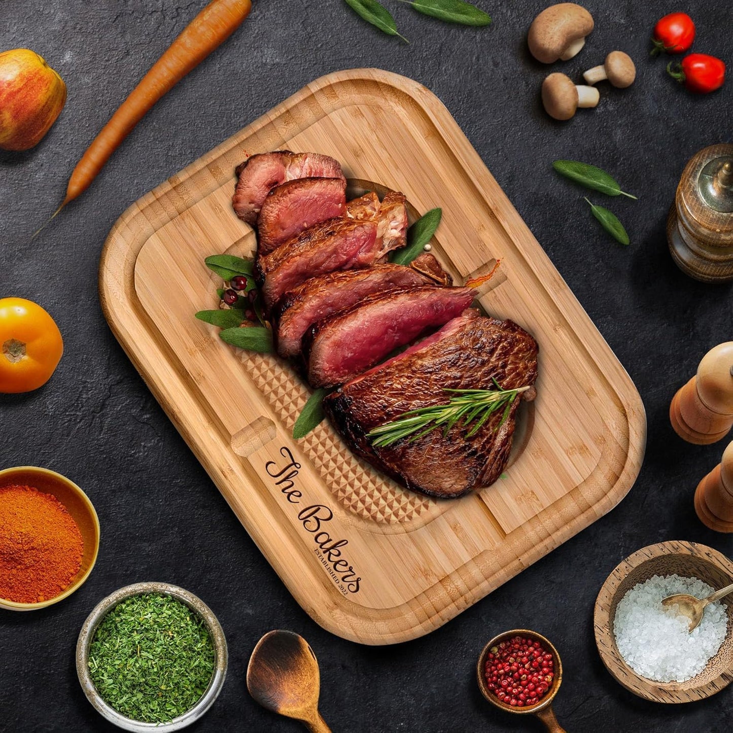 Meat Cutting Board - Extra Large Bamboo Carving Board, 18 x 13 Thick Butcher Block with Deep Juice Groove, Non Slip Center, Reversible Board for Steak, Brisket, Turkey, BBQ Prep Grilling Gifts for Men