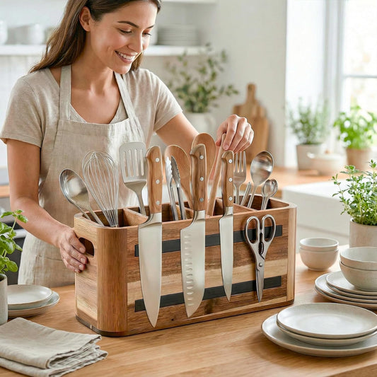 Acacia Wood Utensil Holder for Kitchen Countertop, Extra Large Wooden Utensil Organizer with Magnetic Knife Strip, 4 Compartment Farmhouse Kitchen Tool Caddy and Silverware Storage