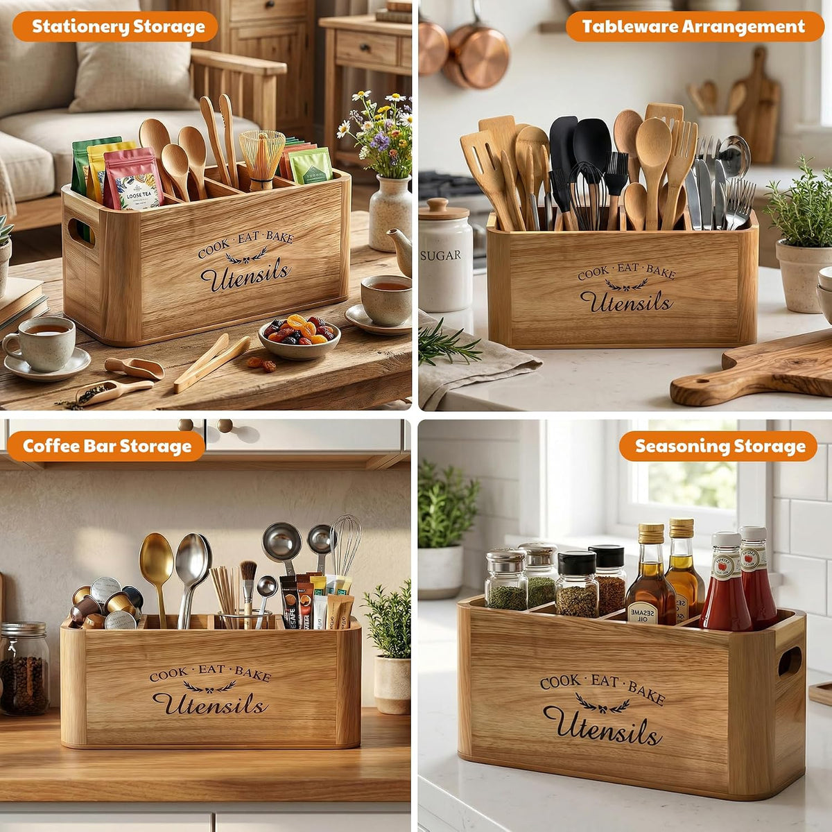Acacia Wood Utensil Holder for Kitchen Countertop, Extra Large Wooden Utensil Organizer with Magnetic Knife Strip, 4 Compartment Farmhouse Kitchen Tool Caddy and Silverware Storage