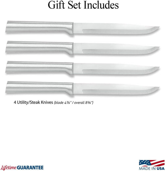Four Utility/Steak Knife Set (S55) + Sharpener, Silver Handle | 4-Piece Knife Set with Quick Edge Sharpener (R119), Stainless Steel Blades, Silver Cast Aluminum Handle