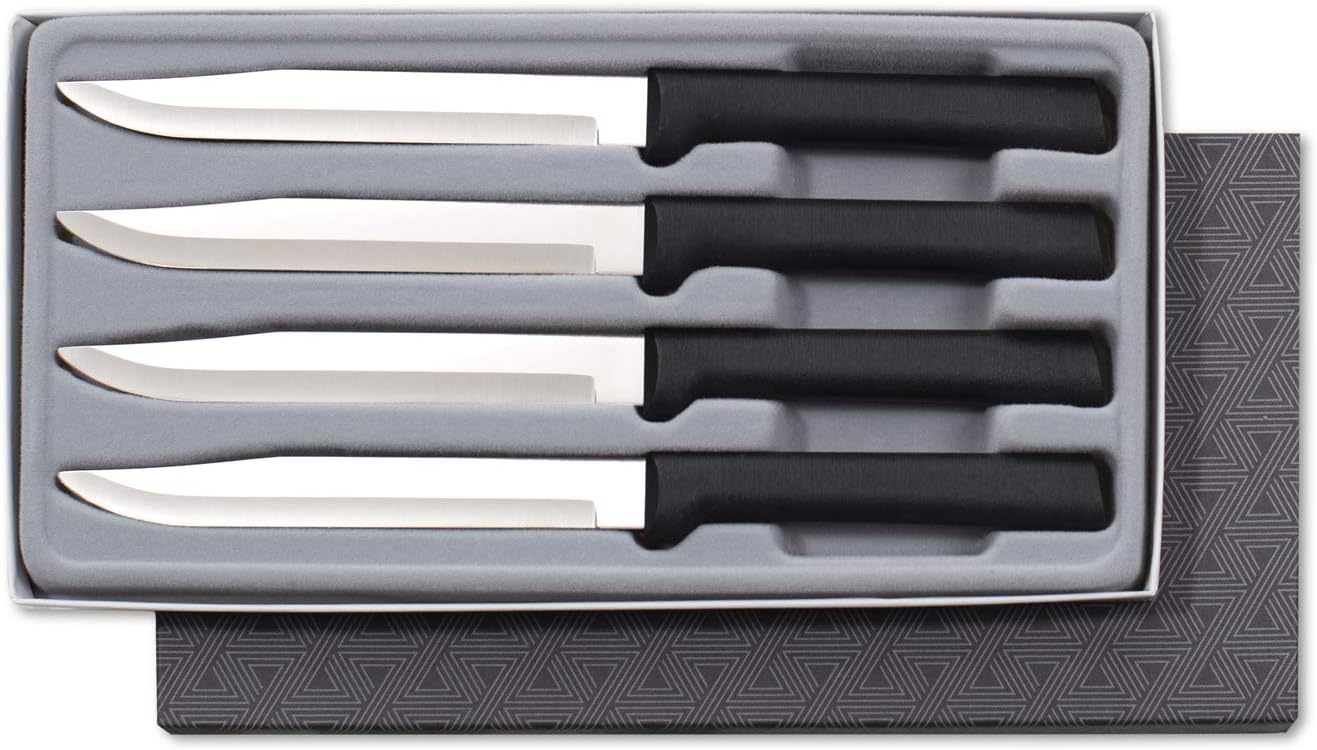 Four Utility/Steak Knife Set (S55) + Sharpener, Silver Handle | 4-Piece Knife Set with Quick Edge Sharpener (R119), Stainless Steel Blades, Silver Cast Aluminum Handle