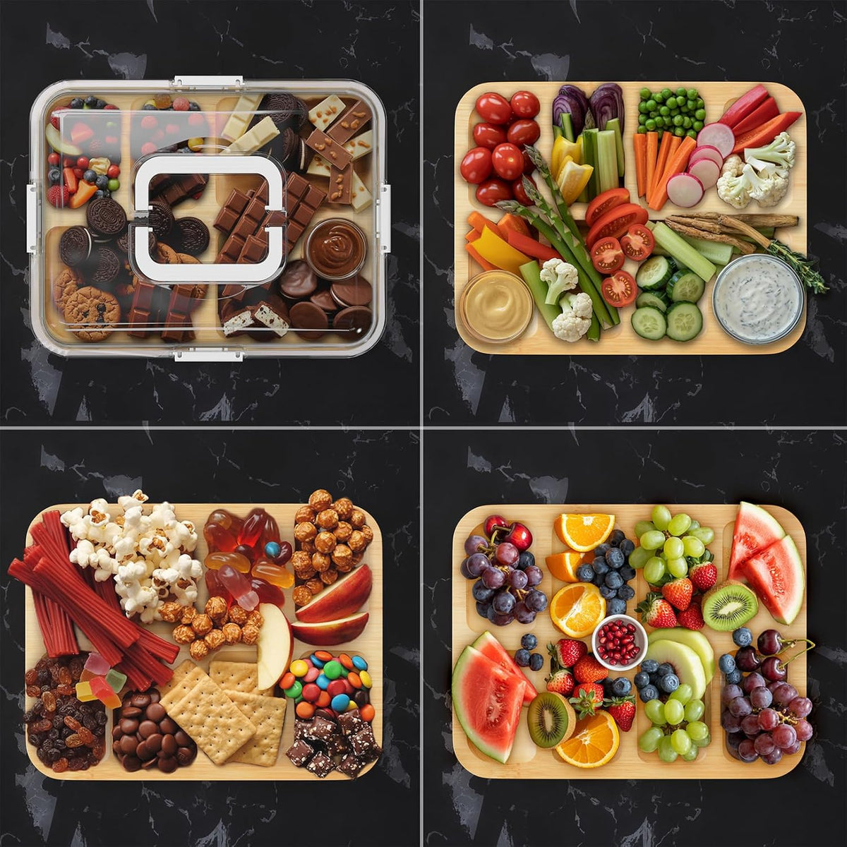 Charcuterie Board with Clear Lid, Portable Travel Cheese Cutting Boards for Picnic Accessories, Bamboo Serving Tray with Lids, House Warming Gifts, Black Handles, 8 Compartments
