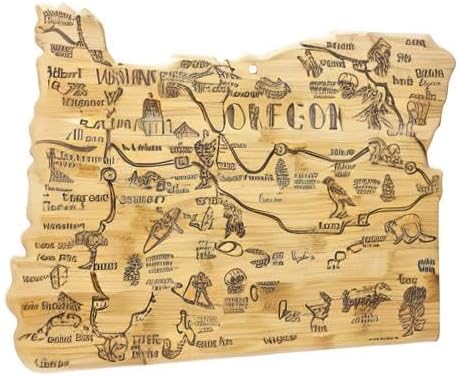 Destination Oregon State Shaped Cutting Board | State charcuterie serving board with engraved map artwork. Smooth reverse side for food prep. Hang tie for wall display.