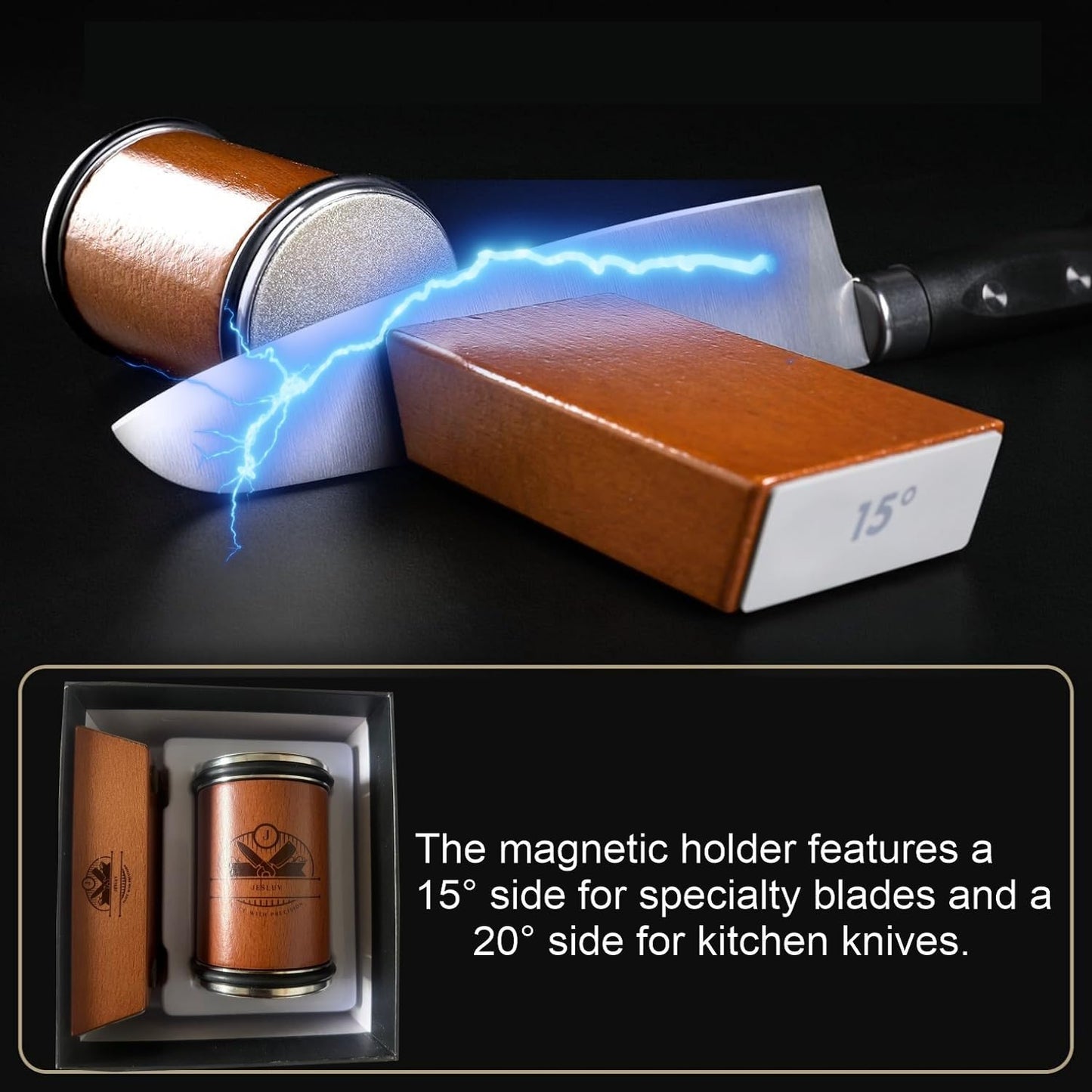 Rolling Knife Sharpener Set - Professional Knife Sharpening Kit with Roller Tool & Angled Magnetic Holder - Diamond & Stainless Steel Honing Disc Sharpens Different Knife Edges - Hardwood Body