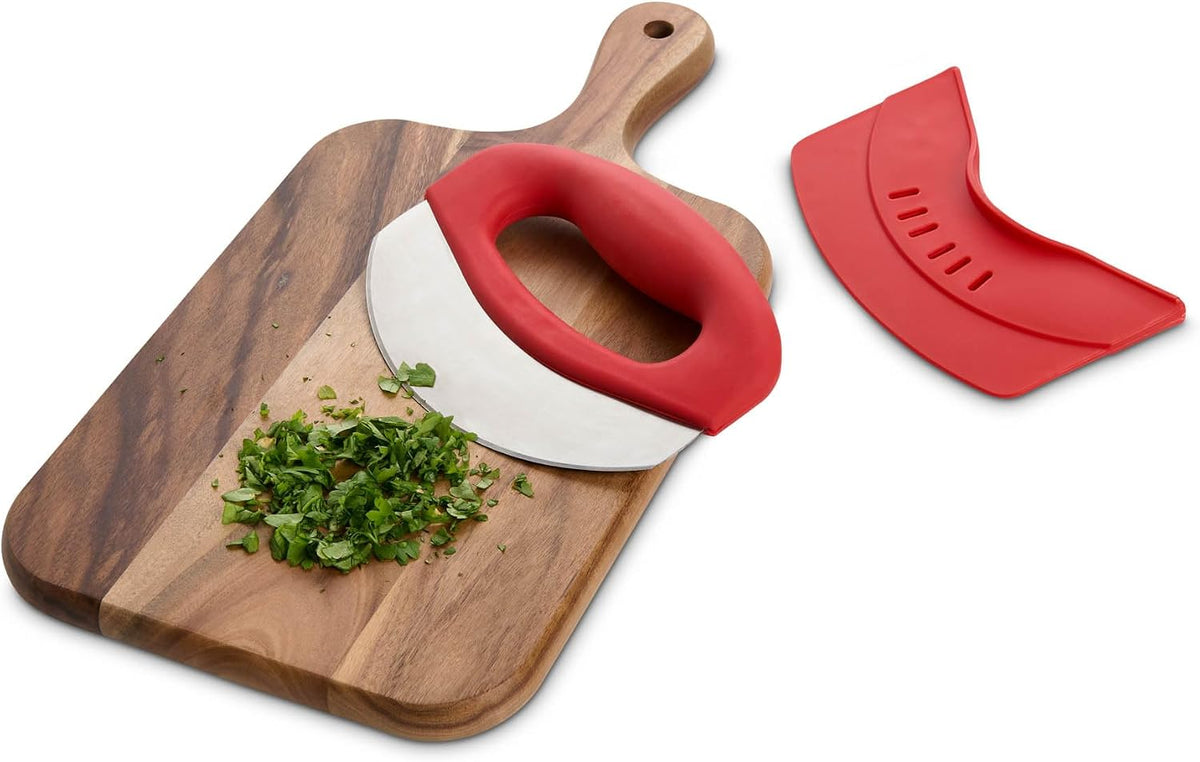 Kitchen Mezzaluna Rocking Chopper And Mincing Knife With Double Handles, Stainless Steel, Rubberwood, For Herbs Vegetables Nuts And More