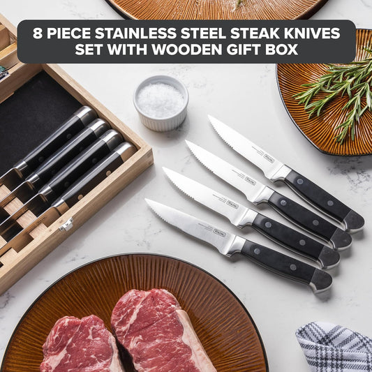Steak Knife Set, 8 Piece Stainless Steel Knives with ABS Polymer Handles and Wooden Box, Hand Wash Only, Black