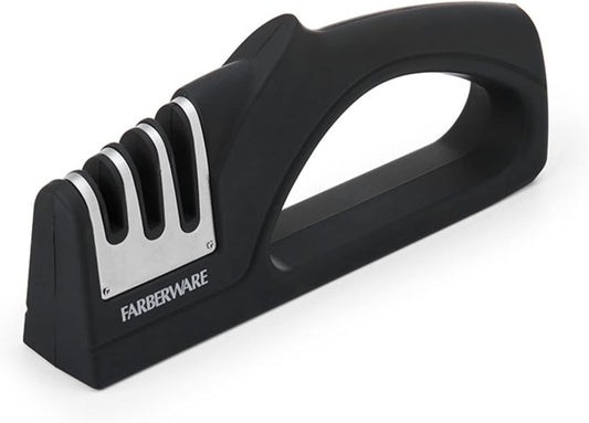 3-Stage Knife Sharpener – Manual Kitchen Knife Sharpener with Diamond, Tungsten & Ceramic Sharpening Slots, Non-Slip Base, Ergonomic Handle, Handheld Knife Sharpening Tool, Black