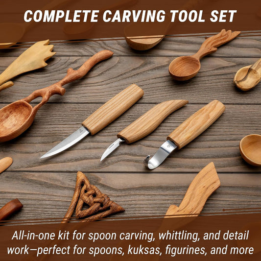 S13 Wood Carving Tools Set for Spoon Carving 3 Knives Wood Carving Kit for Beginners Hook Knife Wood Carving Right-Handed Spoon Carving Whittling Knives (S13 Right-Handed)