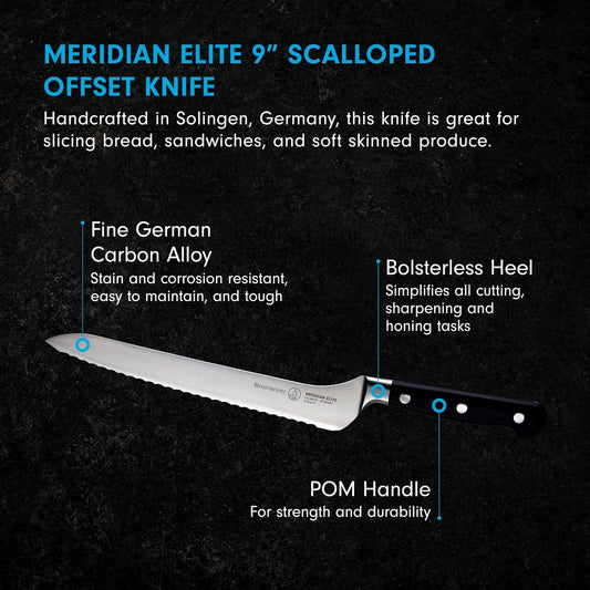 Meridian Elite 8” Scalloped Offset Knife - Fine German Steel Alloy Blade - Rust Resistant & Easy to Maintain