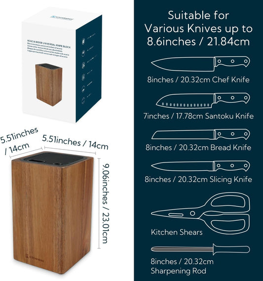 Deluxe Universal Knife Block with Slots for Scissors and Sharpening Rod - Acacia Wood Knife Block For Safe, Space Saver Knives Storage - Unique Slot Design to Protect Blades