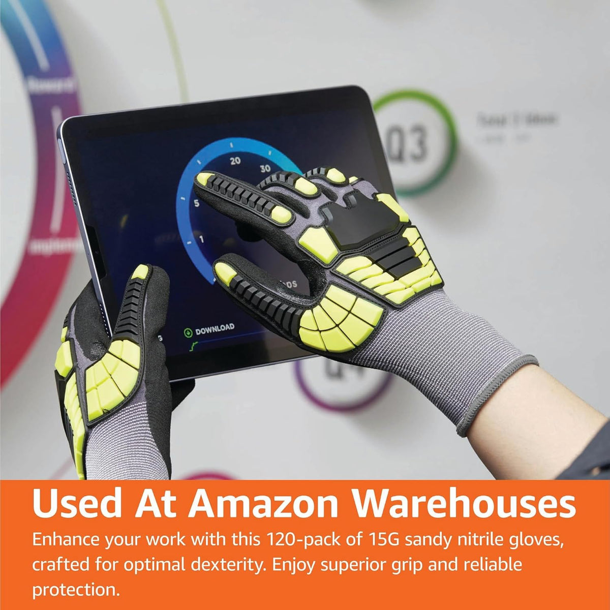 Safety Work Gloves, Cut Level A1, Abrasion ANSI Level A4, Impact Resistant, Touch Screen Friendly, 15G Sandy Nitrile Palm, Yellow, Size X-Small, Pack of 120 Pairs
