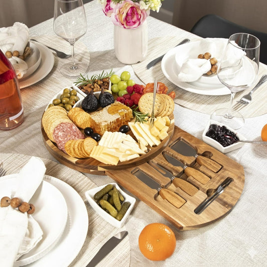 Acacia Cheese Board & Knife Set, Round Charcuterie Board with Ceramic Bowls, Hidden Slide-Out Drawer & Serving Utensils, Housewarming & Wedding Gift