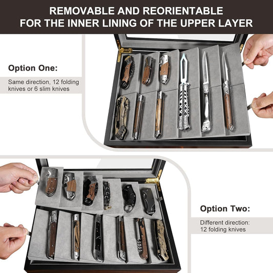 Ikkle Walnut Two-Tier Knife Display Case with Drawer and Real Glass Window Top for Knife Storage and Collections