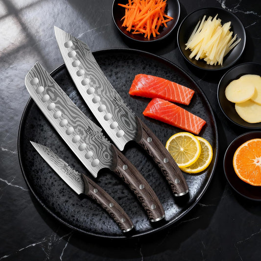 Kitchen Knife Set, 3-Piece Japanese Style Chef Knives Set (8.2" Kiritsuke, 7.2" Nakiri, 4" Paring) for Precision Cutting, Damascus Pattern, Ergonomic Full Tang Wooden Handle, Cooking Gifts