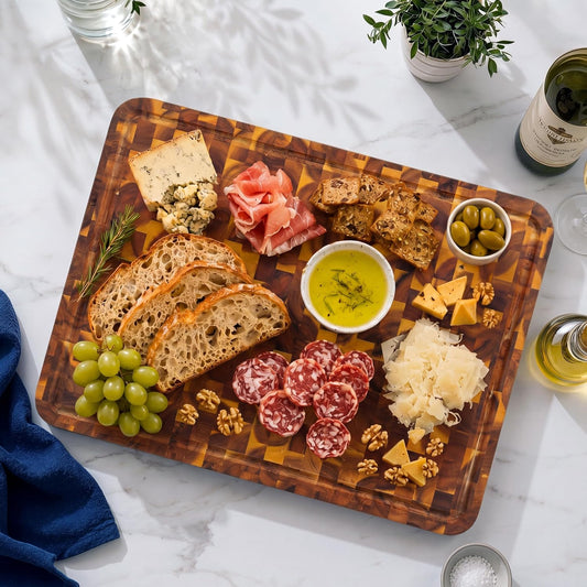 End Grain Acacia Wood Cutting Board 23x18x1.5, Reversible Butcher Block Board for Kitchen with Deep Juice Groove, Handles, Knife-Friendly Surface for Meat Chopping and Charcuterie Serving
