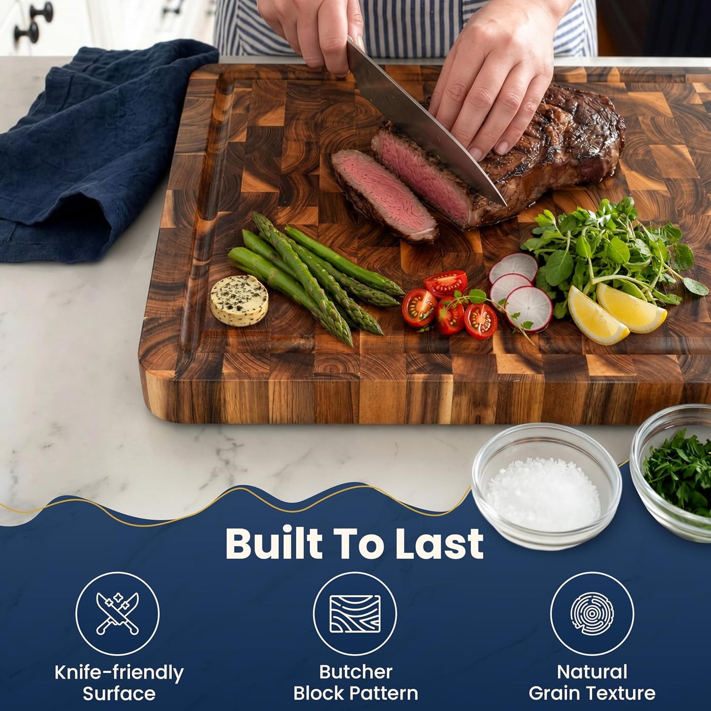 End Grain Acacia Wood Cutting Board 23x18x1.5, Reversible Butcher Block Board for Kitchen with Deep Juice Groove, Handles, Knife-Friendly Surface for Meat Chopping and Charcuterie Serving