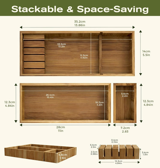 Bamboo Drawer Organizer with Knife Block, 3 Removable Silverware Drawer Organizer Bins - Multi-Use for Kitchen Utensils, Office, Makeup, Tools Storage