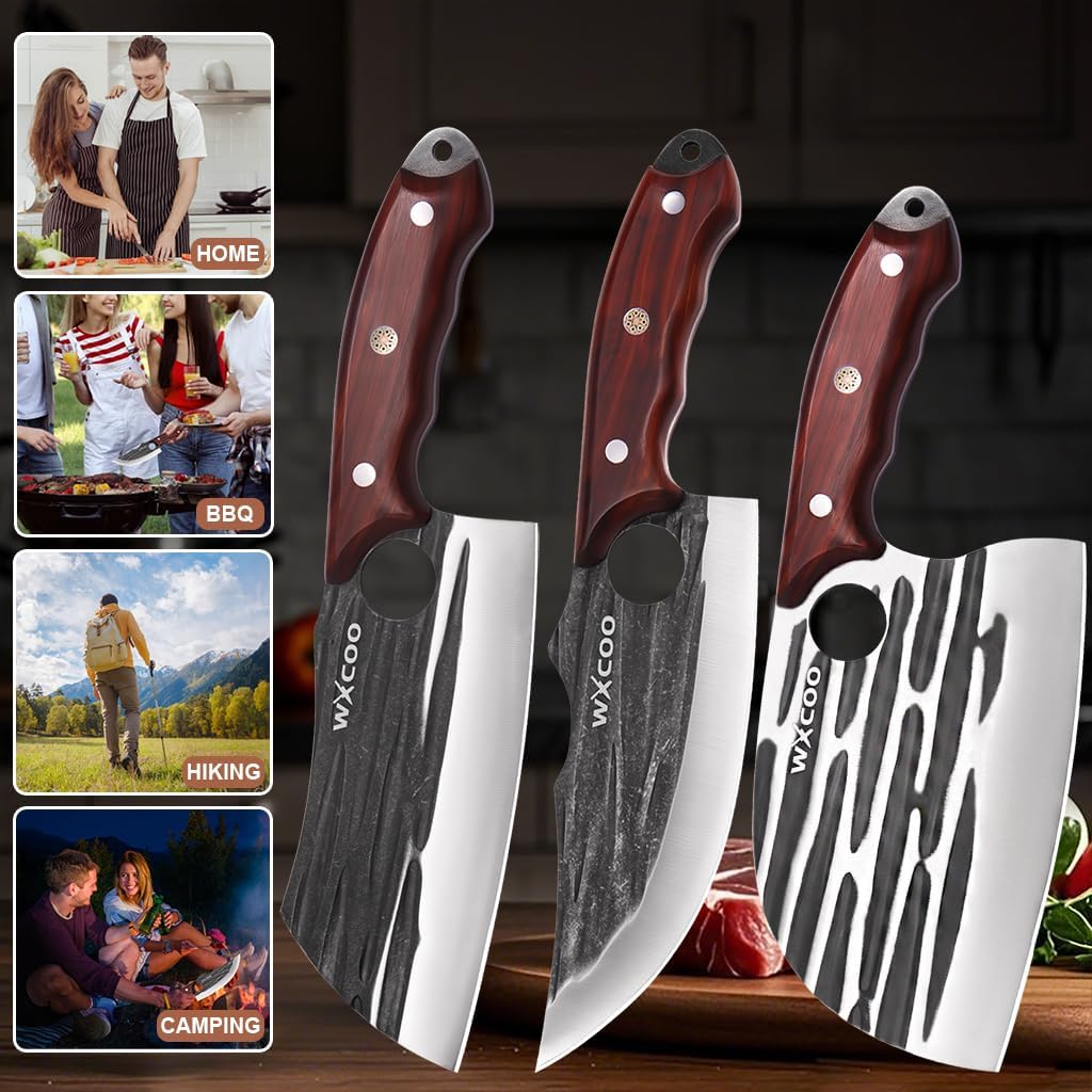 Hand Forged Hunting Knife with Leather Sheath High Carbon Steel Full Tang Butcher Boning Knife for Camping Hiking Fishing BBQ Single Blade Outdoor Cleaver for Meat Cutting and Game Processing