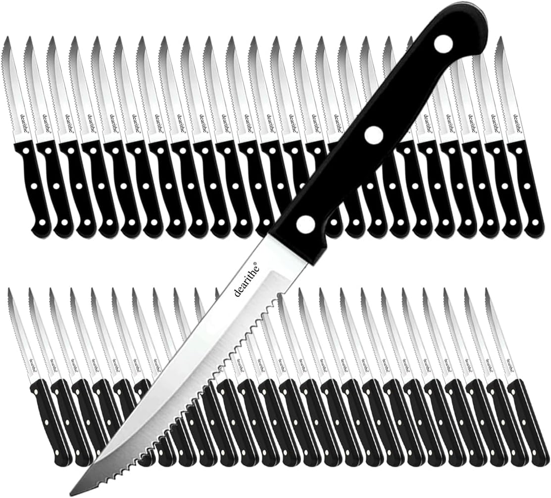 Steak Knives Set of 24, Black Full-Tang and Triple Rivet Serrated Steak Knives bulk, Stainless Steel Sharp Blade,4.5 In, For Restaurant Kitchen Tableware Camping,Dishwasher Safe