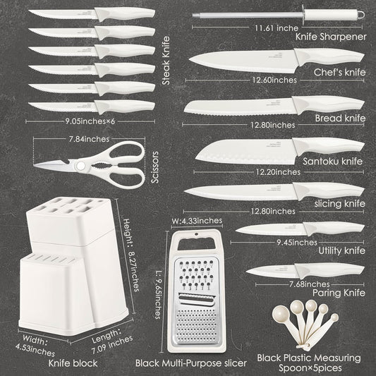 Knife Set, 21 Pieces Stainless Steel Kitchen Knife Block Set, White Chef Knife Sets with Measuring Spoon & Slicer for Home, 6 Steak Kinves, Sharp Blade & Light Weight Cutlery, Ergonomic Handle