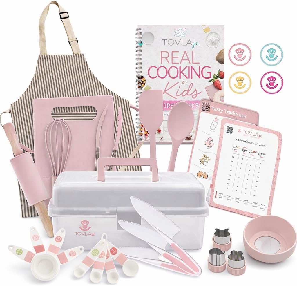 Tovla JR Kids Real Cooking and Baking Ultimate Gift Set | Montessori Kid-Safe Knives, Apron, Visual Cookbook, Timer, Storage Case & Tools | Premium Christmas & Birthday Gift for Girls & Boys