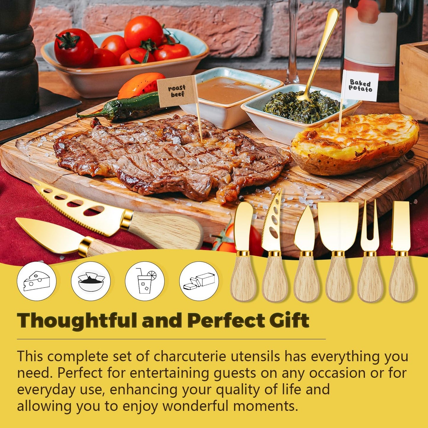 Charcuterie Boards Accessories Gold Charcuterie Utensils Cheese Butter Spreader Knife Set with Wooden Handles Small Serving Tongs Mini Forks and Spoons Flags Toothpick for Party Platter Appetizers