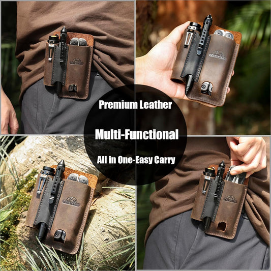 Leather Multitool Sheath with Belt Clip - Multi Tool Holster for Belt - EDC Belt Organizer Fits Multitool, Flashlight, Pen - Leather EDC Pouch, DarkBrown