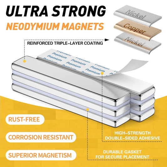 Strong Magnets with Adhesive Backing, 16 Pack 60x10x3mm, Heavy Duty | Neodymium bar magnets with a slim mounting profile; for garage storage, cabinet closures, shower doors and wall signs