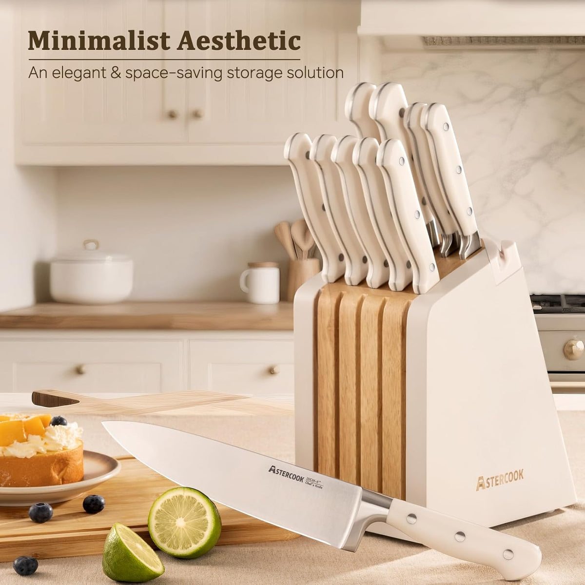 Knife Set, Kitchen Knife Set with Block and Sharpener, 12 Pcs Ultra-Sharp High Carbon Stainless Steel Knife Block Set with Non-Slip Full Tang Ergonomic Handle, Cream White Cutlery Set