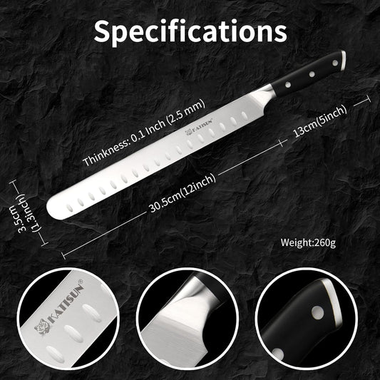 Brisket Knife, 12 Inch Carving & Slicing Knife for Meat Cutting, BBQ, Razor Sharp German Steel, Sheath Included, Ergonomic Handle Design, Grilling Gifts for Men