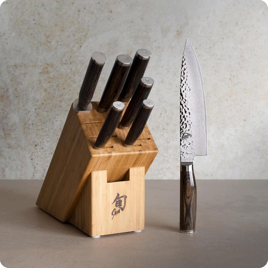 Premier 8 Piece Professional Block Set | Includes 6 Premier Knives, Honing Steel and 11-Slot Bamboo Knife Block, Handcrafted, Pakkawood Handle