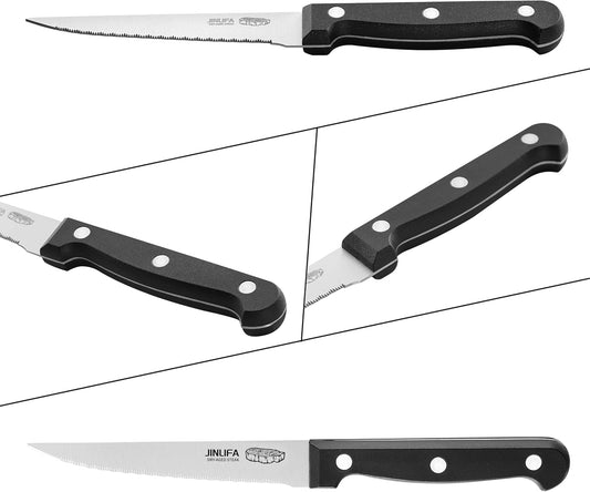Steak Knives Set of 6, Stainless Steel Serrated Steak Knife Set (Unique Pattern on Each Blade)