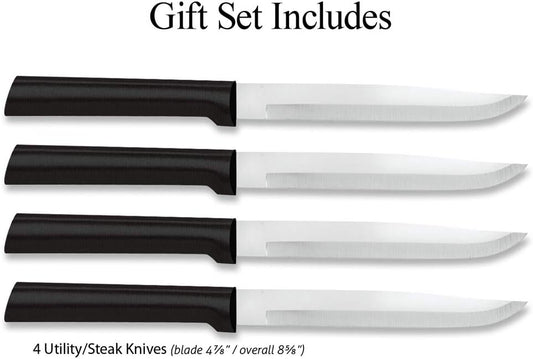 Rada Cutlery Four Utility/Steak Knives Gift Set (S55) with Quick Edge Sharpener (R119), 4-Piece Knife Set and Knife Sharpener, Stainless Steel Blades, Silver Handle