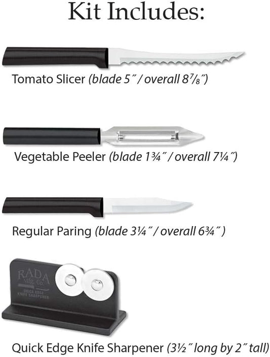 Rada Cutlery Peel, Pare & Slice Gift Set (G218) with Quick Edge Sharpener (R119), 3-piece Knife Set and Knife Sharpener, Stainless Steel Blades, Black Handle