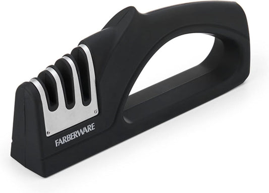 Farberware 3-Stage Knife Sharpener – Manual Kitchen Knife Sharpener with Diamond, Tungsten & Ceramic Sharpening Slots, Non-Slip Base, Ergonomic Handle, Handheld Knife Sharpening Tool, Black