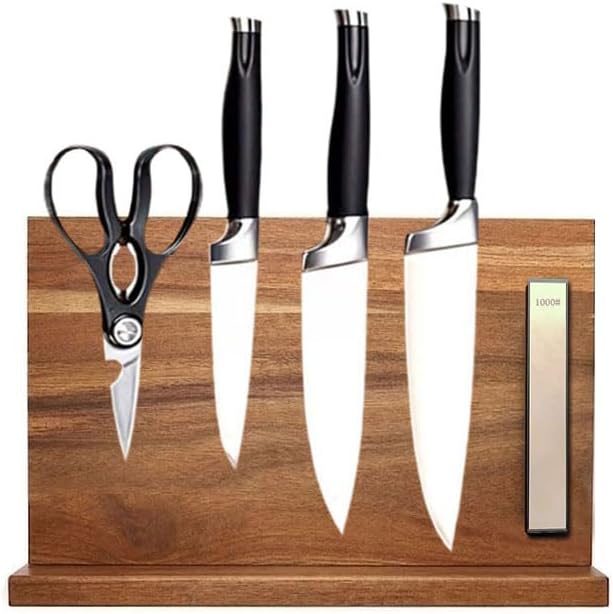 Magnetic Knife Block with Sharpening Stone, Double-Sided Acacia Wood Knife Holder, Detachable Whetstone, Kitchen Storage Rack