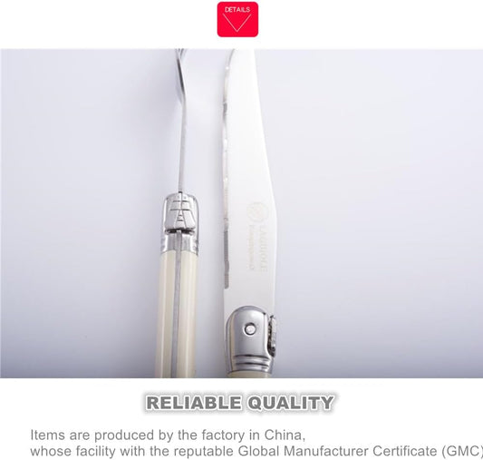 KeepingcooX® Laguiole Steak Knife with Ivory Handle, Serrated Blade, Stainless Steel Dinnerware/Tableware/Flatware/Cutlery Set of 6, Gift Box, Reputable Global Manufacturer with Certificate (GMC)