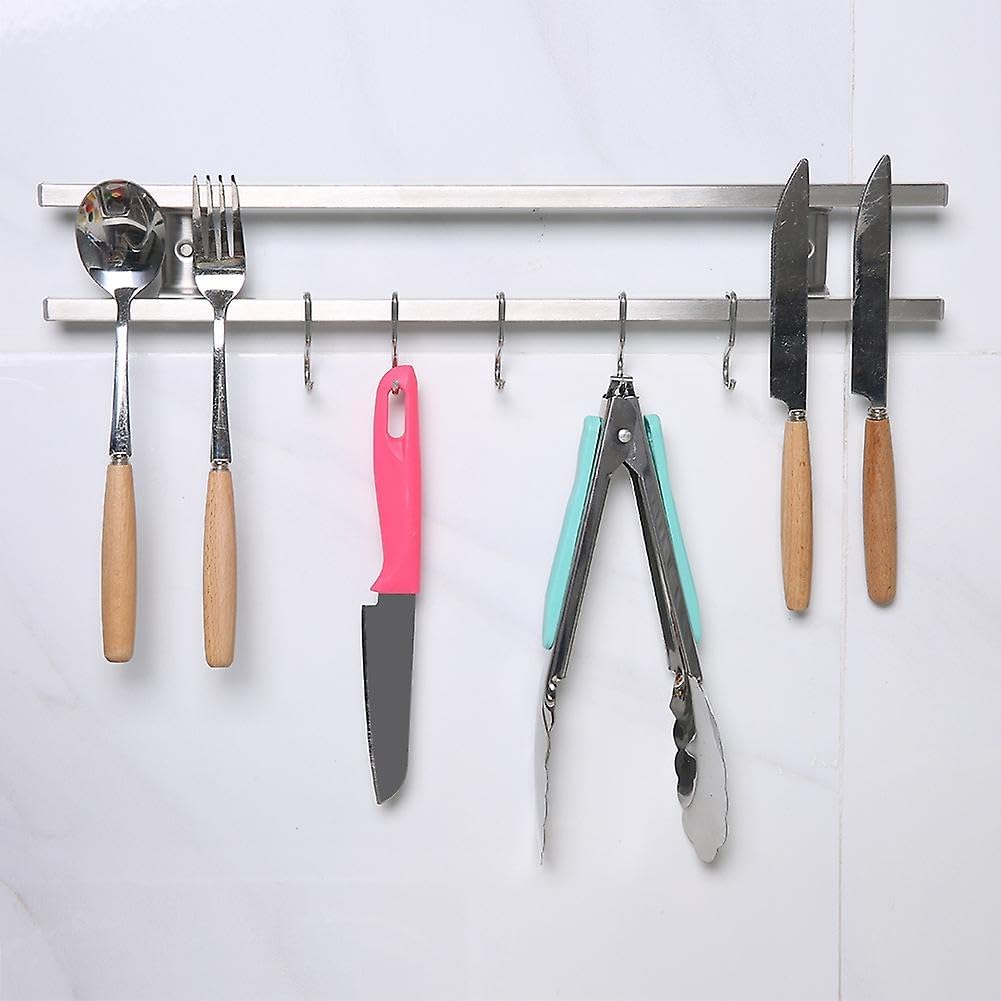 Magnetic Knife Holder for Wall, Stainless Steel 18 Inch Knife Strip with 7 Storage Hooks, Wall Mount Knife Magnet Bar Rack