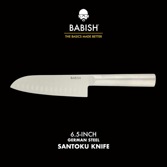Babish 6.5 Inch Santoku Knife High Carbon 1.4116 German Steel Kitchen Knife Razor Sharp Blade Durable Precision Cutlery for Slicing Dicing Chopping Vegetables Meat and Fish