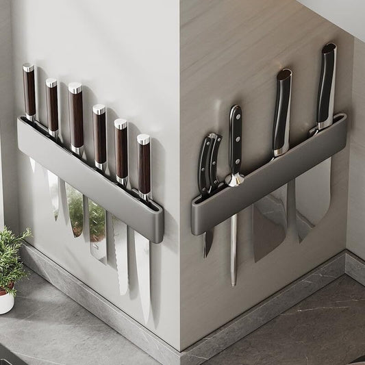 No-Drill Multi-Function Knife Holder (Carbon Steel Material), Wall-Mounted Storage Rack for Kitchen Utensils(7.87 inches) (Grey)