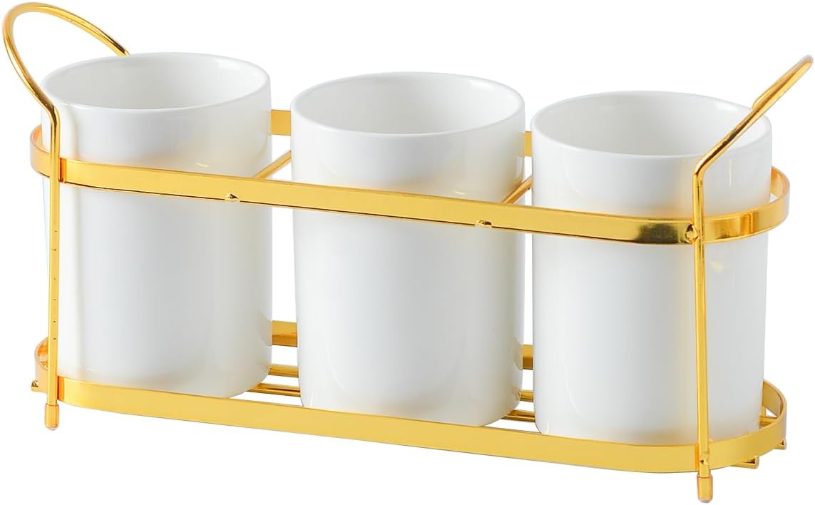 3-Piece White Ceramic Silverware Cutlery Holder with Black Metal Rack, Utensil Holder Flatware Caddy Cutlery Storage Organizer for Kitchen and Countertop (White)